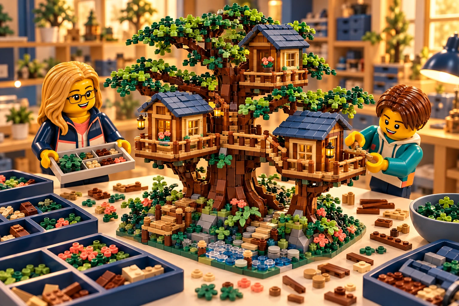 Illustration en briques : deux minifigurines assemblent une construction inspirée de Cabane dans l’arbre, avec des pièces triées sur une table.