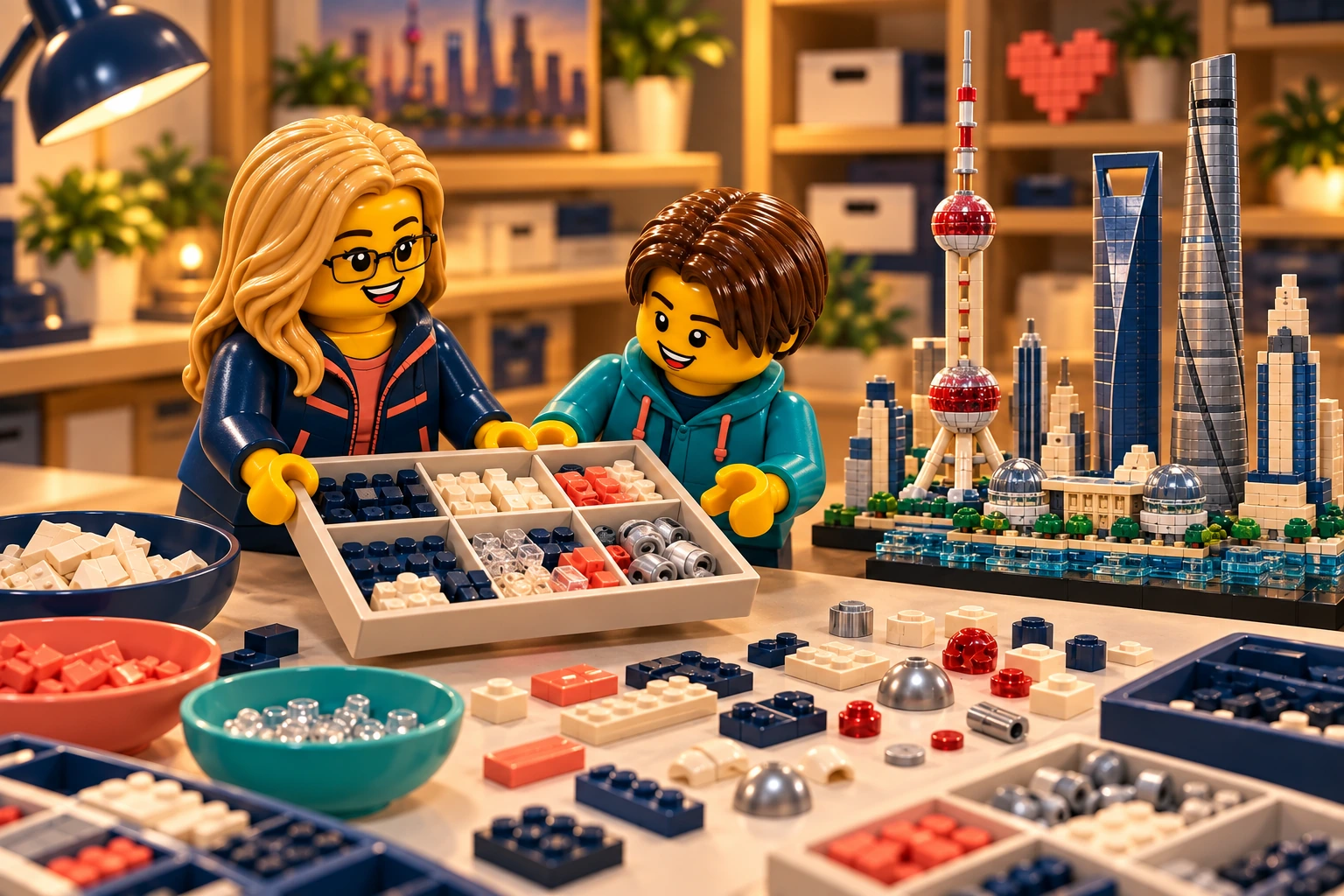 Illustration en briques : deux minifigurines échangent un plateau de pièces près d’une construction inspirée de Shanghai.