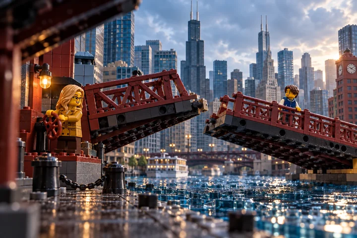 Illustration en briques : une minifigurine blonde à lunettes tourne une roue près d’un pont levant en briques ; une minifigurine aux cheveux châtains observe depuis l’autre moitié du pont, au-dessus d’une rivière dans un Chicago imaginaire.