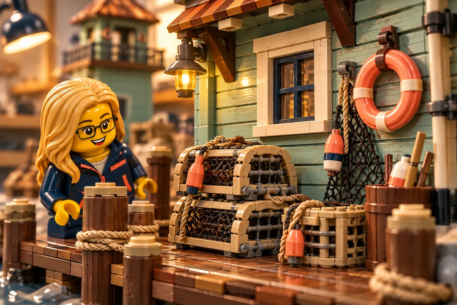 Illustration en briques : une minifigurine à lunettes observe le bardage vert et le quai avec ses accessoires de pêche.