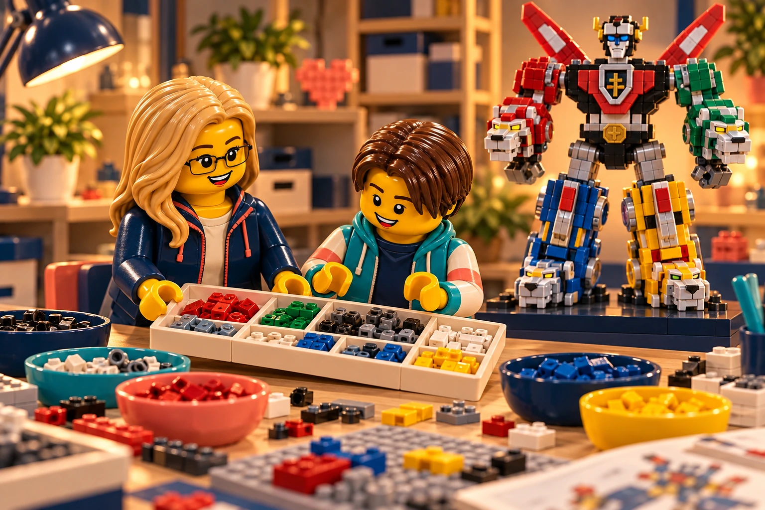 Illustration en briques : deux minifigurines échangent un plateau de pièces près d’une construction inspirée de Voltron.