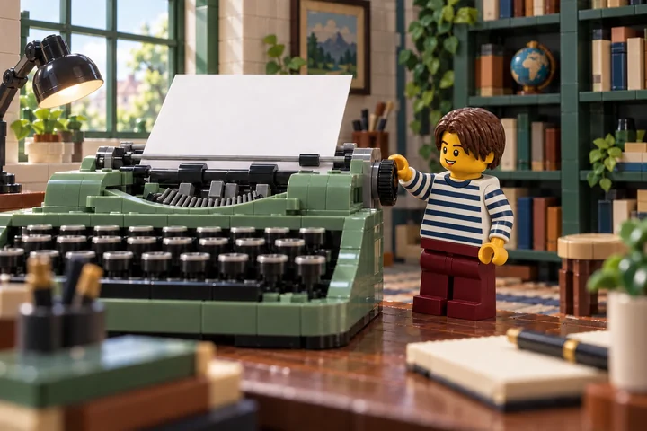 Illustration en briques : une figurine adolescente tient la molette d’une machine à écrire verte, devant une feuille blanche, dans un atelier en briques.