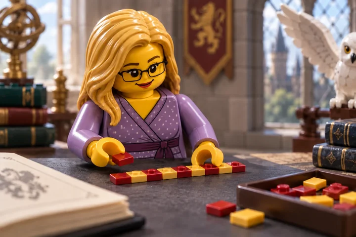 Illustration en briques : une figurine blonde à lunettes dispose des briques rouges et jaunes sur une table d’atelier.