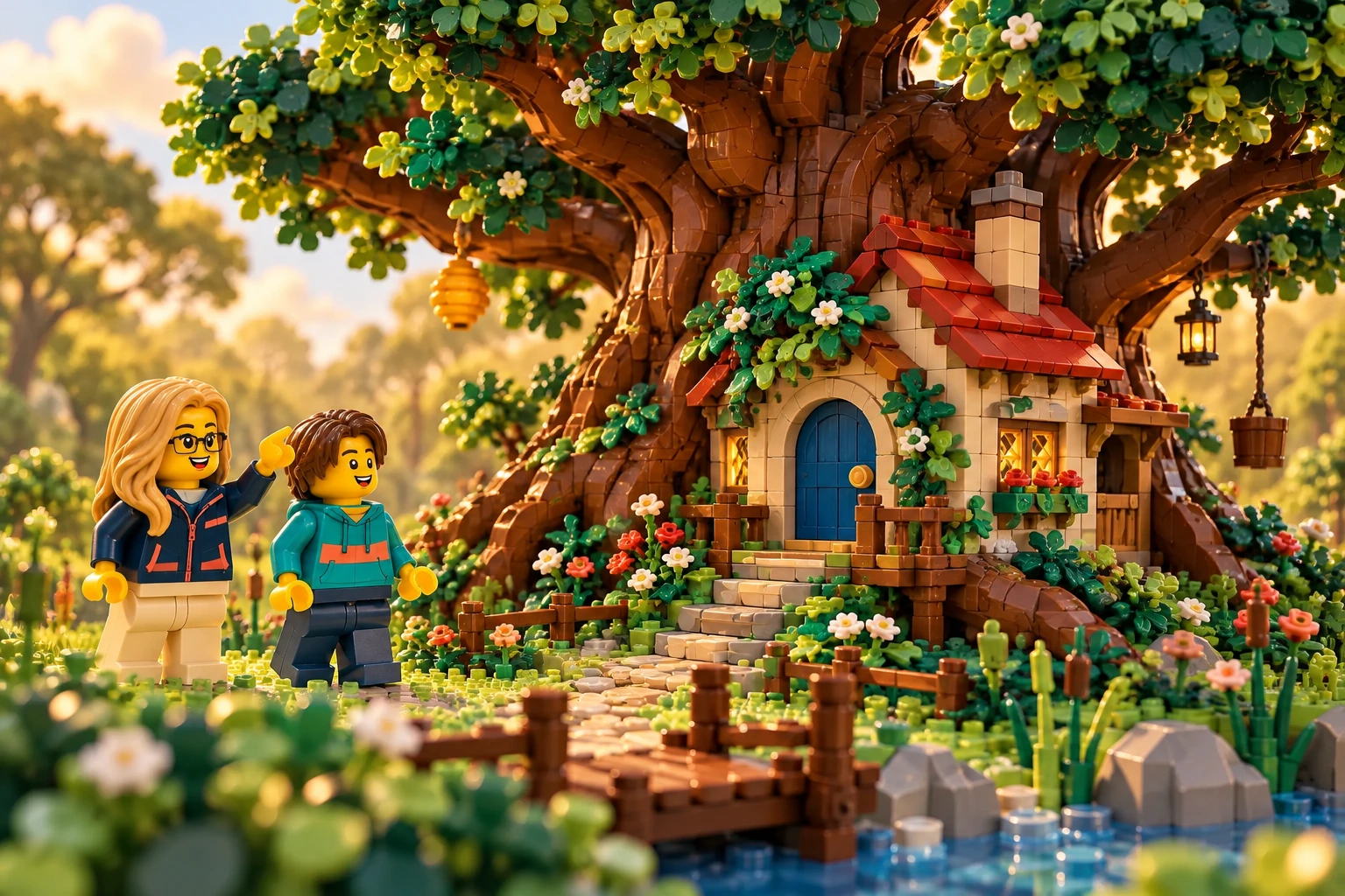 Illustration en briques : deux minifigurines découvrent une maison à porte bleue sous un grand arbre, inspirée de Winnie l’ourson.
