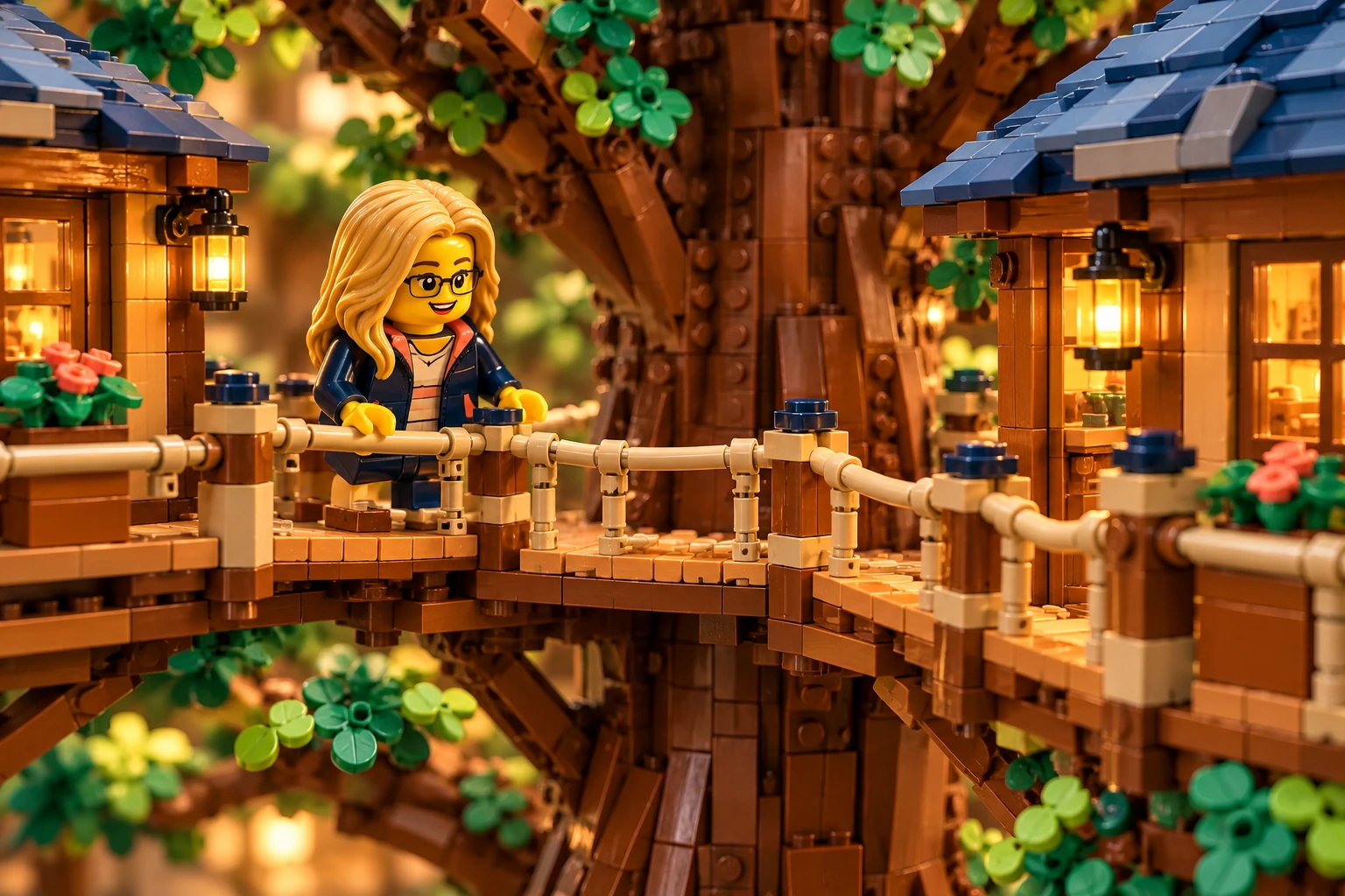 Illustration en briques : une minifigurine à lunettes observe la passerelle entre les cabanes en hauteur.