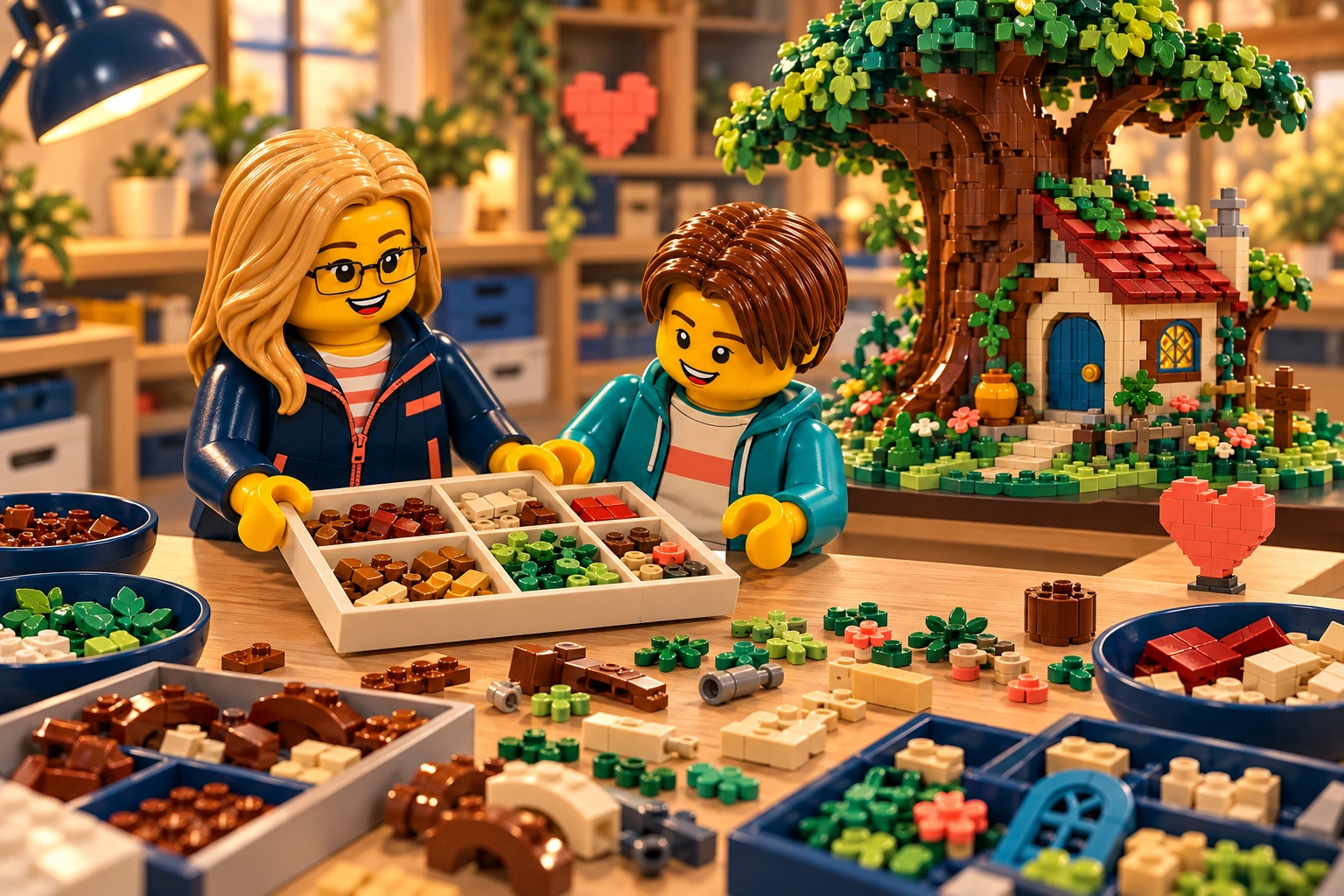 Illustration en briques : deux minifigurines échangent un plateau de pièces près d’une construction inspirée de Winnie l’ourson.