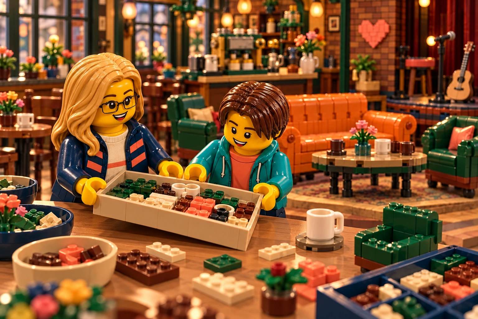 Illustration en briques : deux minifigurines échangent un plateau de pièces près d’une construction inspirée de Central Perk.