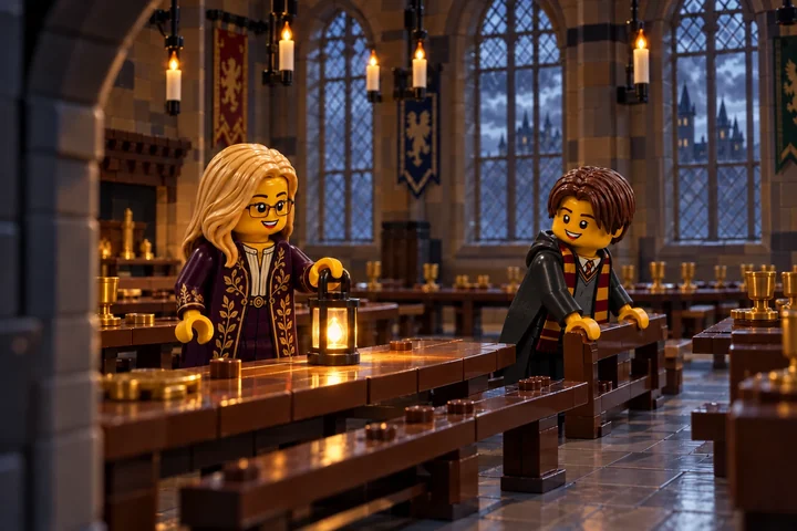 Illustration en briques : une minifigurine blonde à lunettes tient une lanterne sur une longue table ; une minifigurine aux cheveux châtains tient le dossier d’un banc dans une grande salle de château construite en briques.