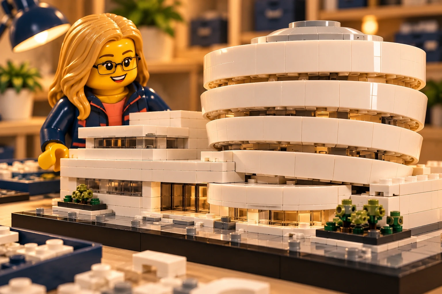 Illustration en briques : une minifigurine à lunettes observe les bandes courbes de la rotonde blanche.