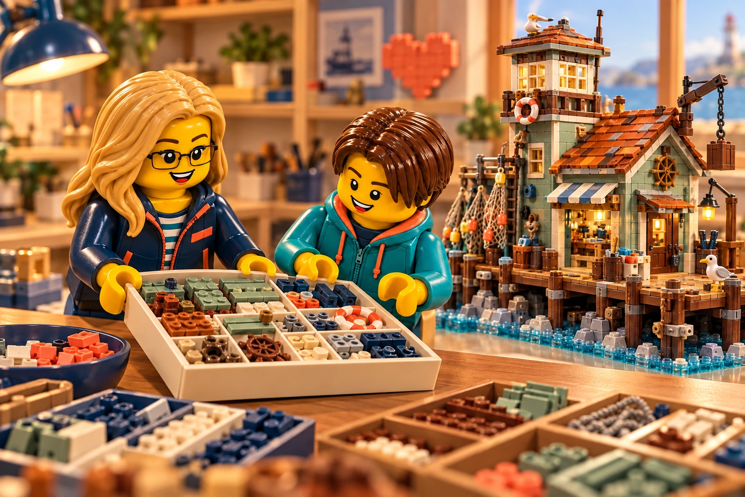 Illustration en briques : deux minifigurines échangent un plateau de pièces près d’une construction inspirée de Vieux magasin de pêche.