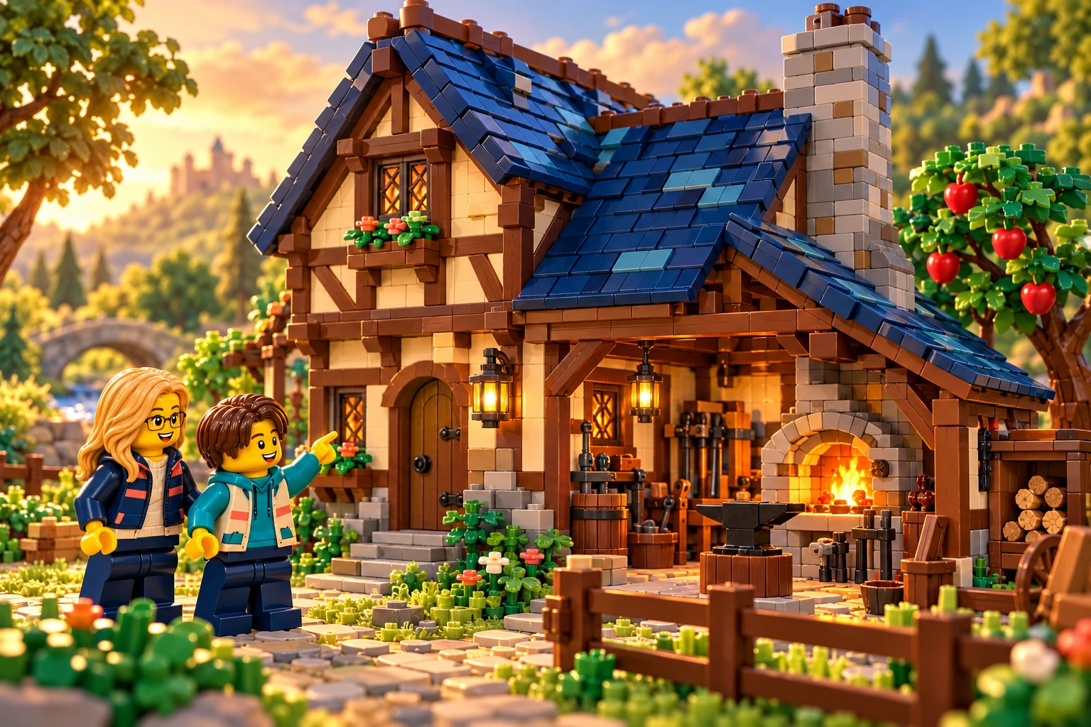 Illustration en briques : deux minifigurines découvrent une maison de forgeron à colombages, toit bleu et cheminée de pierre.