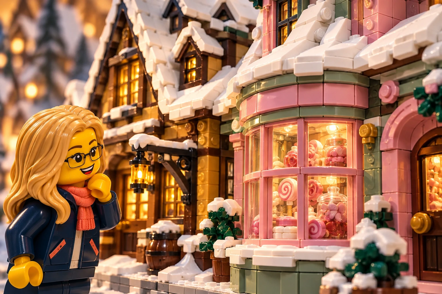 Illustration en briques : une minifigurine à lunettes observe le toit enneigé et la vitrine rose de la confiserie.