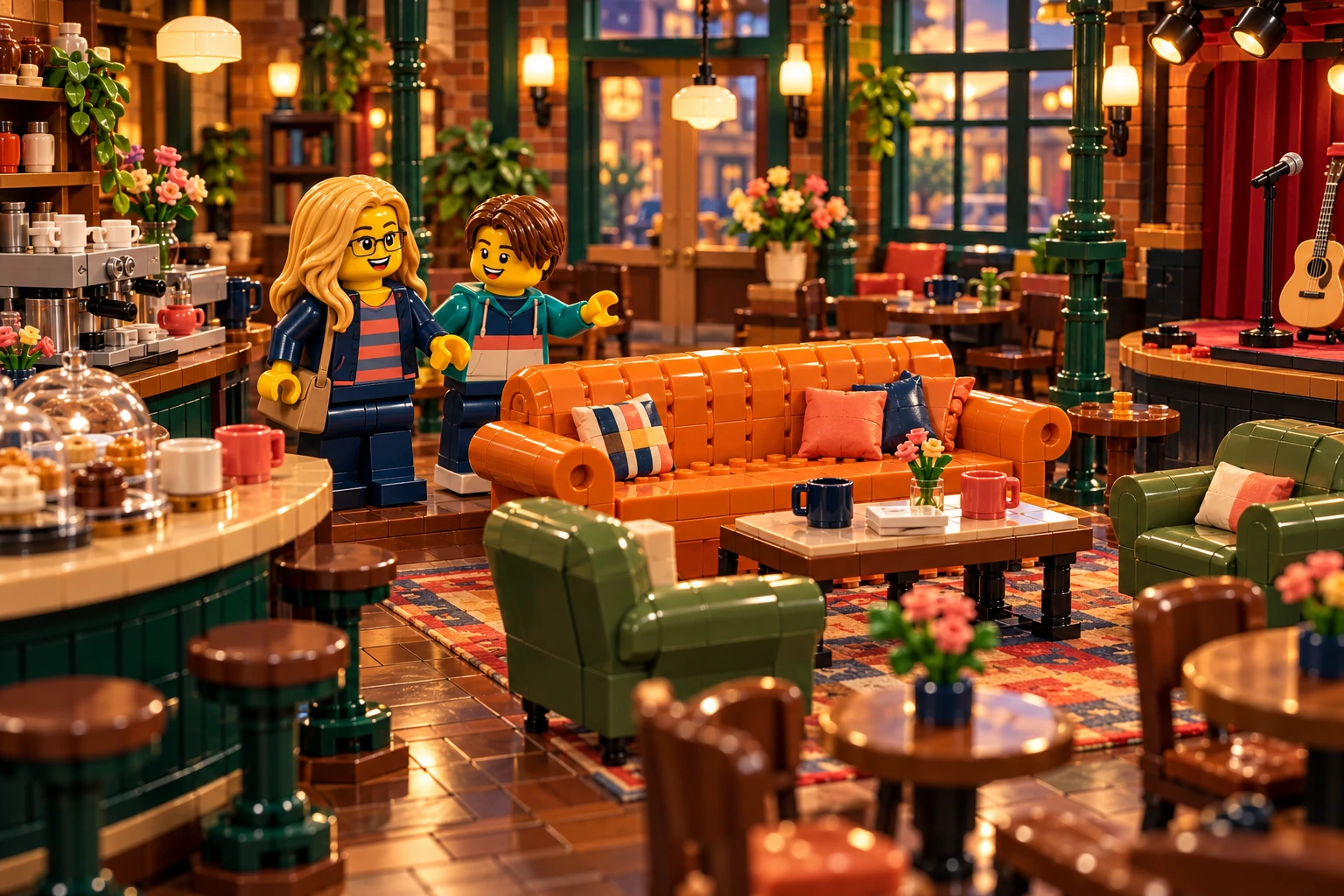 Illustration en briques : deux minifigurines découvrent un café miniature avec canapé orange inspiré de Central Perk.