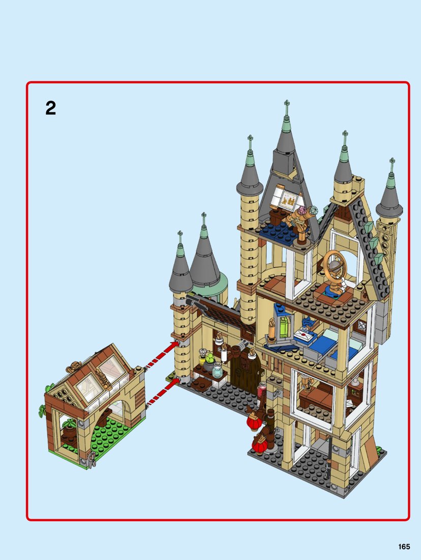 Extrait officiel LEGO 75969, page 165 : Les bâtiments se relient par leurs bases
