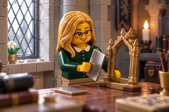 Illustration en briques : une figurine blonde à lunettes tient un panneau argenté près d’un cadre doré ; un second panneau est posé sur la table.
