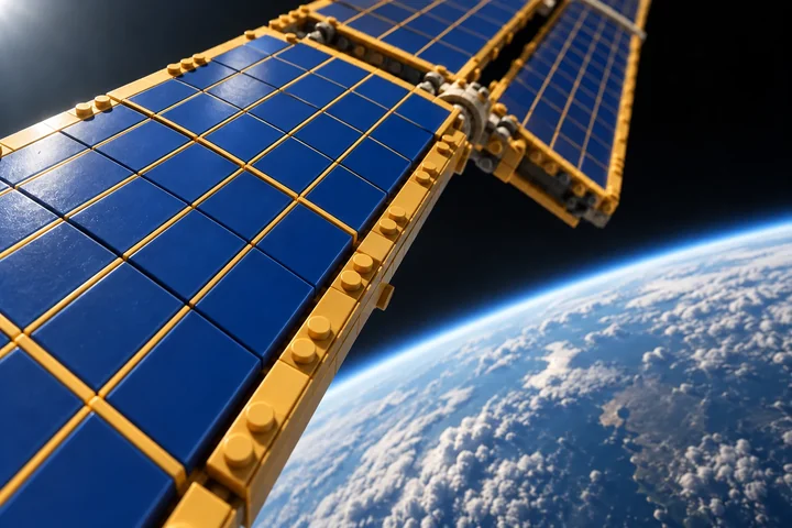 Illustration en briques : des panneaux bleu profond bordés d’or, assemblés en briques, traversent l’image en diagonale au-dessus de la courbure lointaine de la Terre.