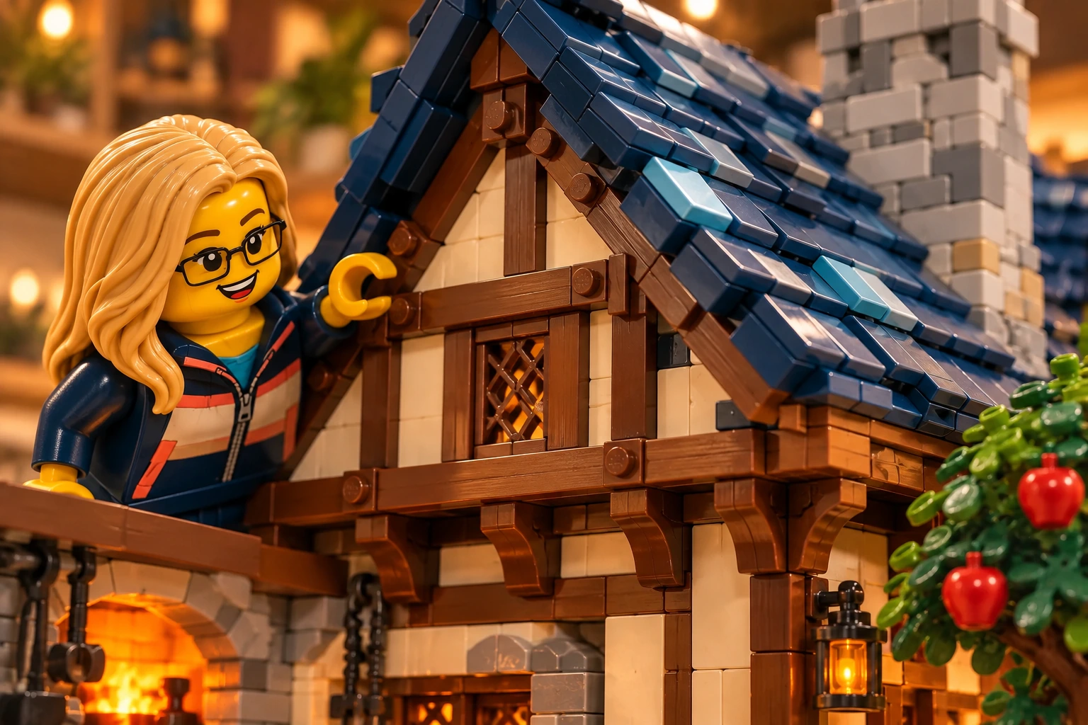 Illustration en briques : une minifigurine à lunettes observe la toiture bleue et les colombages de l’étage.