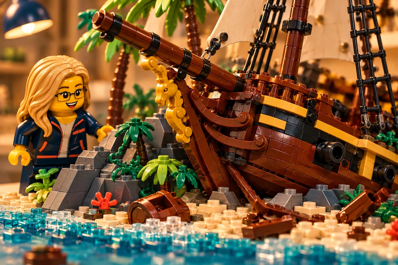 Illustration en briques : une minifigurine à lunettes observe la proue du bateau au milieu des palmiers.