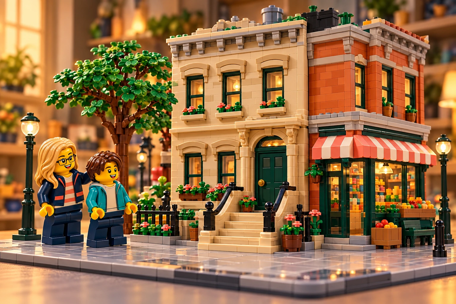 Illustration en briques : deux minifigurines découvrent une rue de maisons colorées inspirée de Sesame Street.