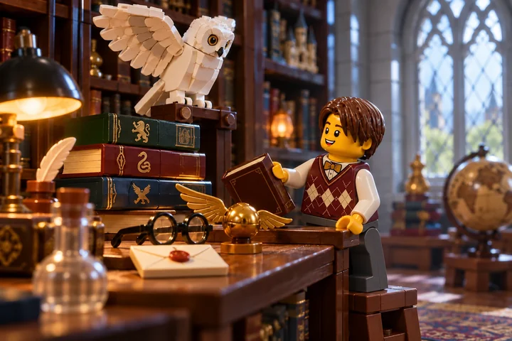 Illustration en briques : une figurine adolescente explore un cabinet de briques où une grande chouette blanche domine des livres et des objets.