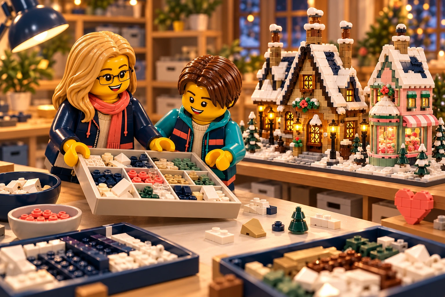 Illustration en briques : deux minifigurines échangent un plateau de pièces près d’une construction inspirée de Pré-au-Lard.