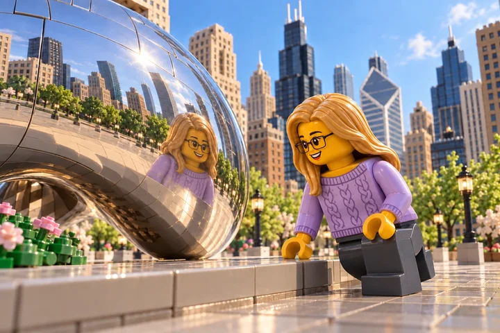 Illustration en briques : une figurine blonde à lunettes explore une place en briques devant un éclat argenté et des tours aux silhouettes différentes.