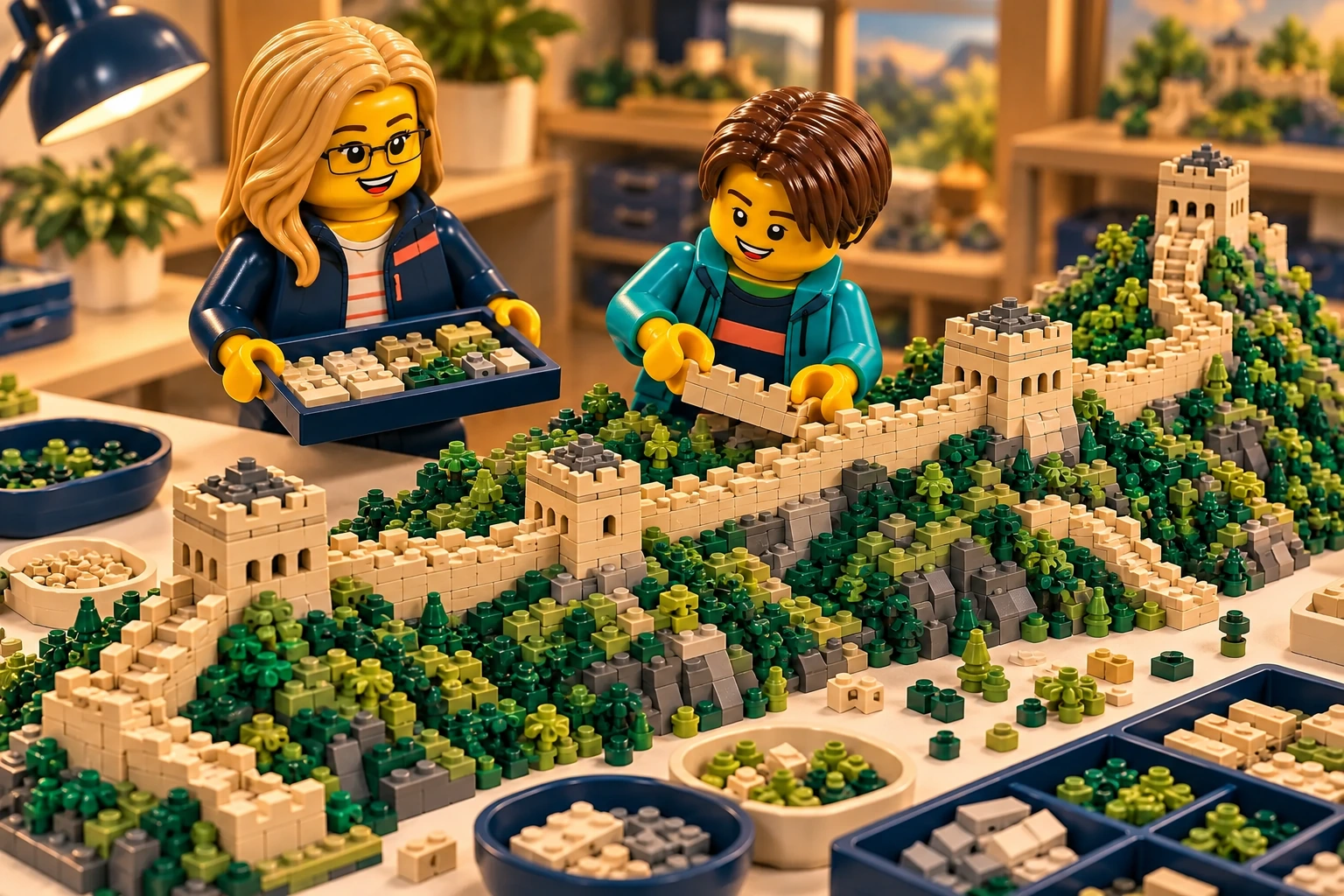 Illustration en briques : deux minifigurines assemblent une construction inspirée de Grande Muraille de Chine, avec des pièces triées sur une table.
