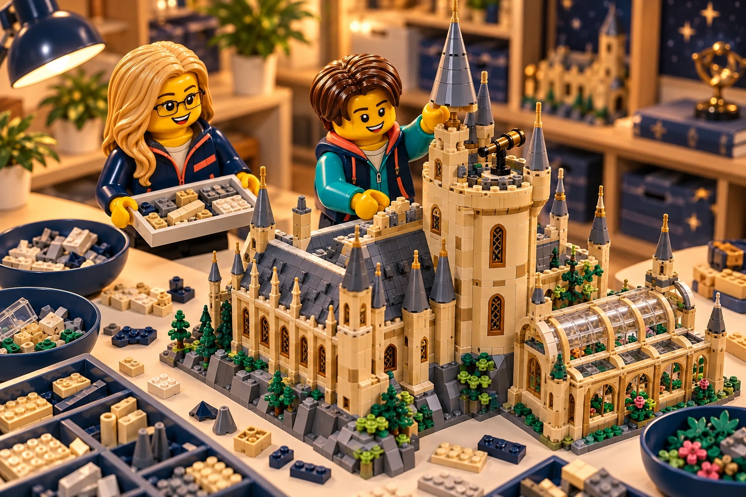 Illustration en briques : deux minifigurines assemblent une construction inspirée de Tour d’astronomie, avec des pièces triées sur une table.
