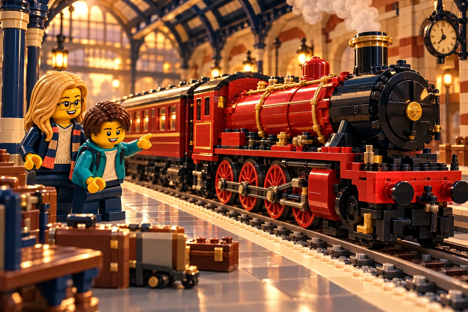 Illustration en briques : deux minifigurines découvrent une locomotive rouge et noire avec sa voiture et son quai.