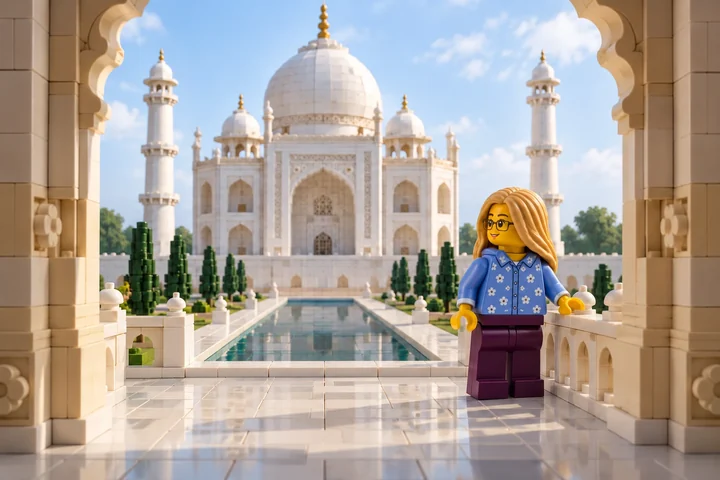 Illustration en briques : une figurine blonde à lunettes regarde une cour de briques blanches et ses coupoles à travers une grande porte.