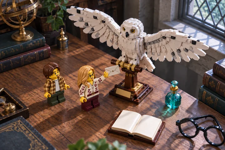 Illustration en briques : une minifigurine blonde à lunettes tend une enveloppe vers une chouette blanche aux ailes déployées, perchée sur un socle en briques ; une minifigurine aux cheveux châtains se tient à ses côtés sur une table de bibliothèque.