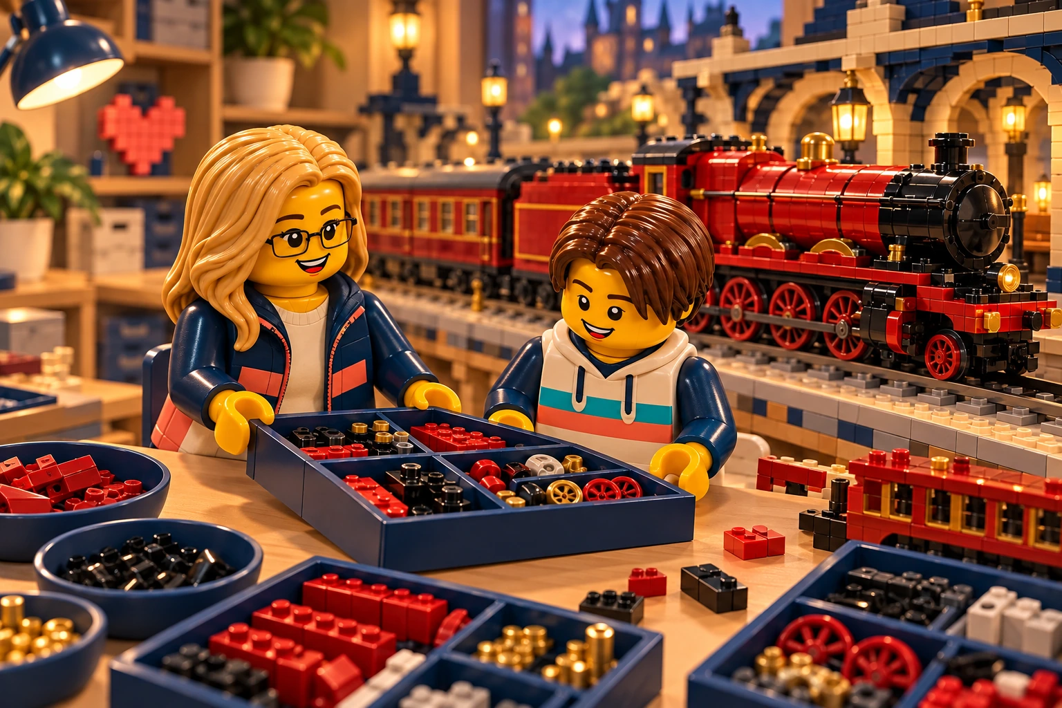 Illustration en briques : deux minifigurines échangent un plateau de pièces près d’une construction inspirée de Poudlard Express collector.