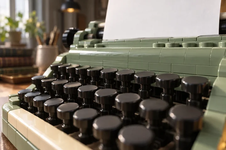 Illustration en briques : des touches rondes noires et vierges d’une machine à écrire vert sauge en briques s’alignent en diagonale devant une feuille blanche, dans la lumière d’un atelier.