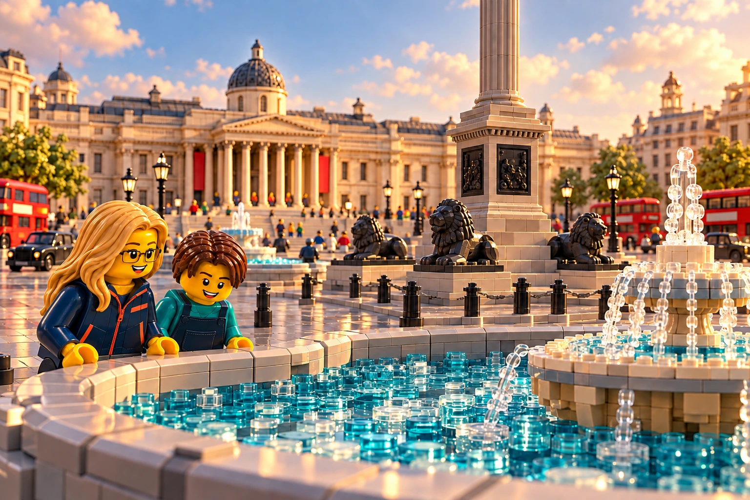 Illustration en briques : deux minifigurines observent une fontaine et des lions dans une évocation de Trafalgar Square.