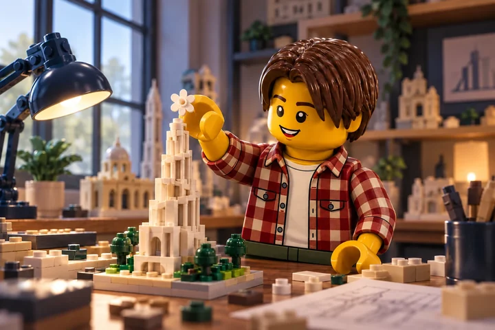 Illustration en briques : une figurine adolescente tient une fleur blanche au sommet d’une tour miniature inventée, dans un atelier d’architecture.