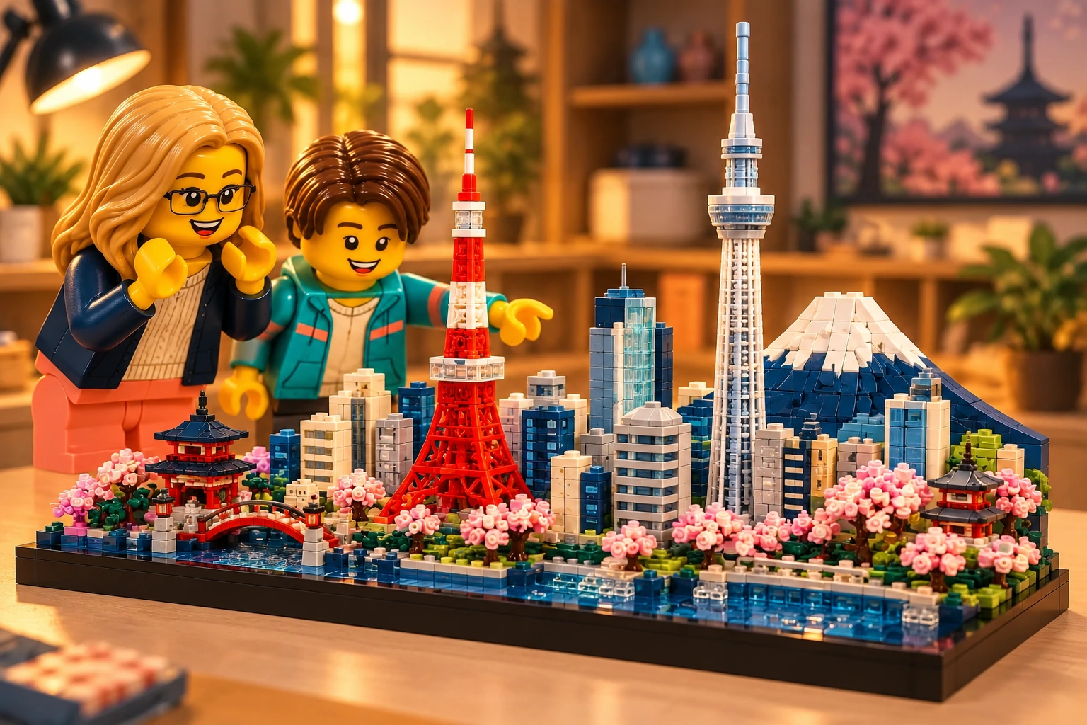 Illustration en briques : deux minifigurines découvrent un panorama miniature de Tokyo, avec tours et cerisiers.