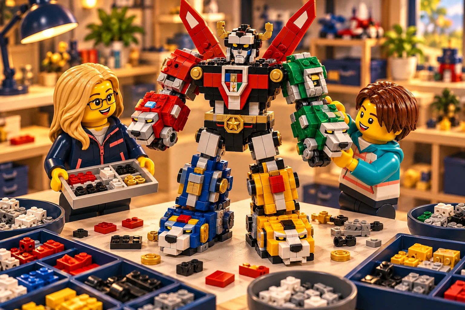 Illustration en briques : deux minifigurines assemblent une construction inspirée de Voltron, avec des pièces triées sur une table.