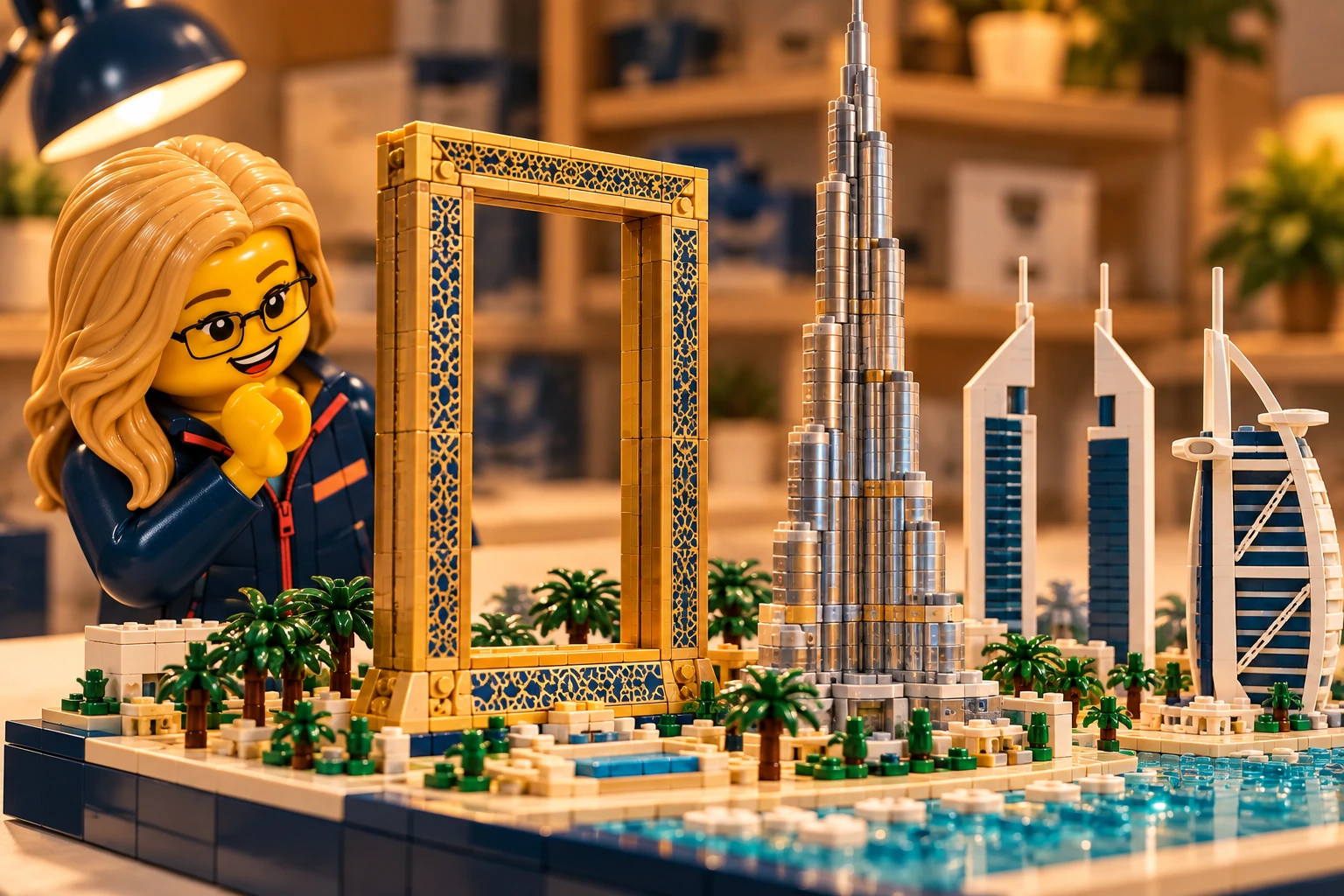 Illustration en briques : une minifigurine à lunettes observe le cadre doré de Dubaï et les tours voisines.