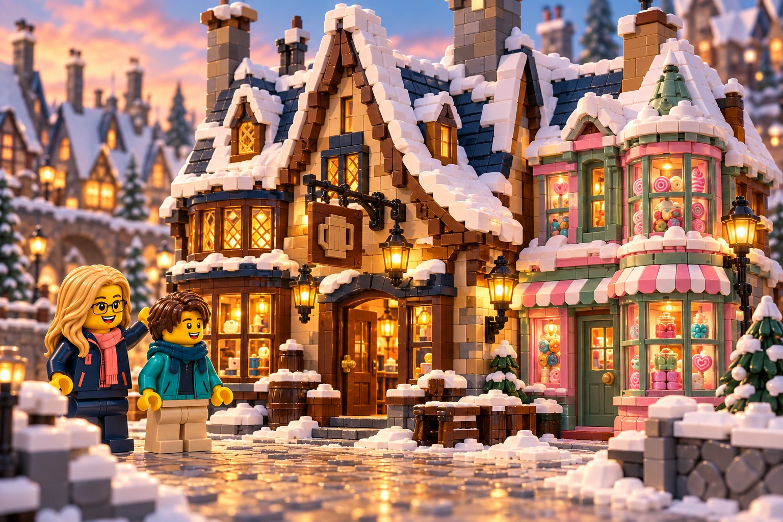 Illustration en briques : deux minifigurines découvrent des boutiques de village recouvertes de neige.