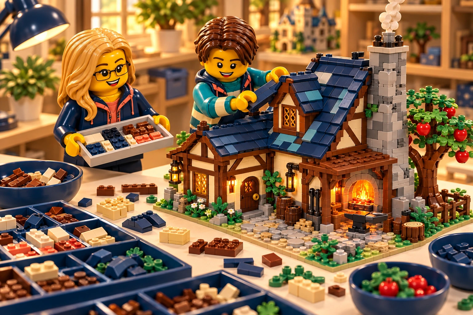 Illustration en briques : deux minifigurines assemblent une construction inspirée de Forgeron médiéval, avec des pièces triées sur une table.
