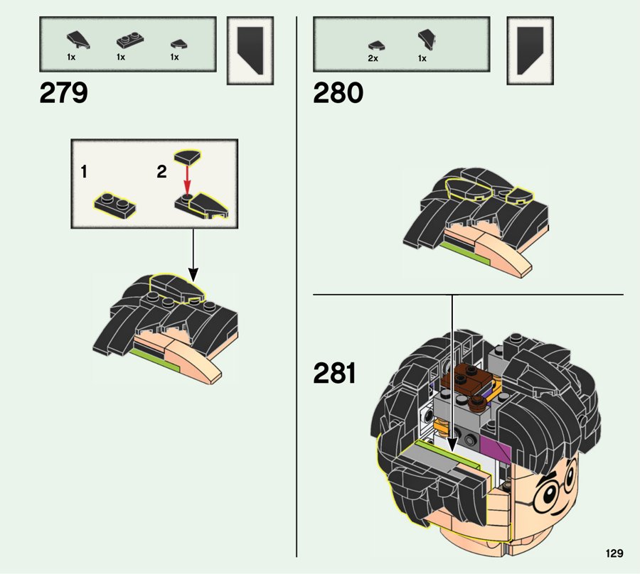 Extrait officiel LEGO 76393, page 129 : Une coiffure faite de sous-ensembles