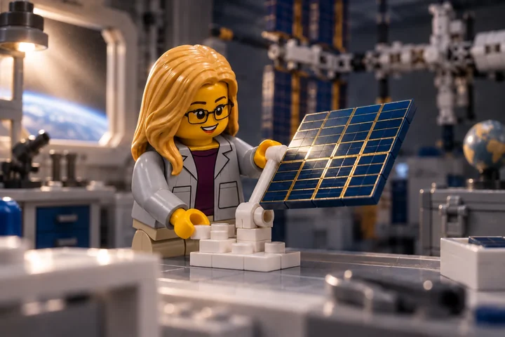 Illustration en briques : une figurine blonde à lunettes oriente un panneau bleu et doré en briques dans un faisceau de lumière latéral.