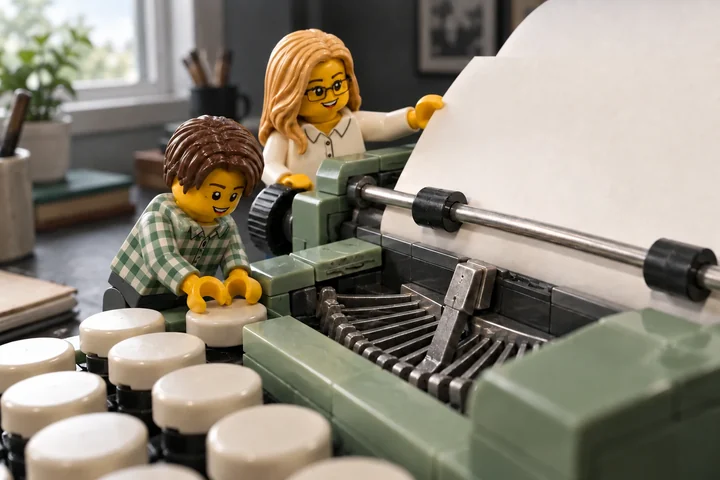 Illustration en briques : une minifigurine aux cheveux châtains appuie sur une grande touche d’une machine à écrire verte en briques, tandis que une minifigurine blonde à lunettes maintient une feuille blanche près du rouleau.