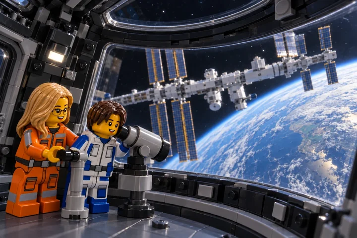 Illustration en briques : une minifigurine blonde à lunettes et une minifigurine aux cheveux châtains se tiennent près de deux instruments d’observation dans une coupole en briques, devant une vue imaginaire d’une station spatiale et de la Terre.
