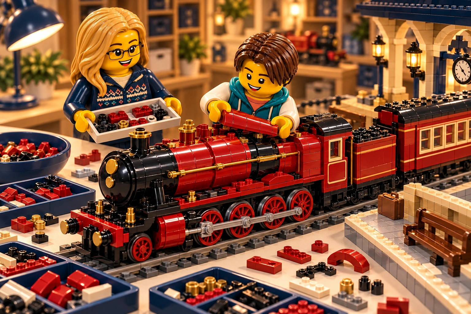 Illustration en briques : deux minifigurines assemblent une construction inspirée de Poudlard Express collector, avec des pièces triées sur une table.