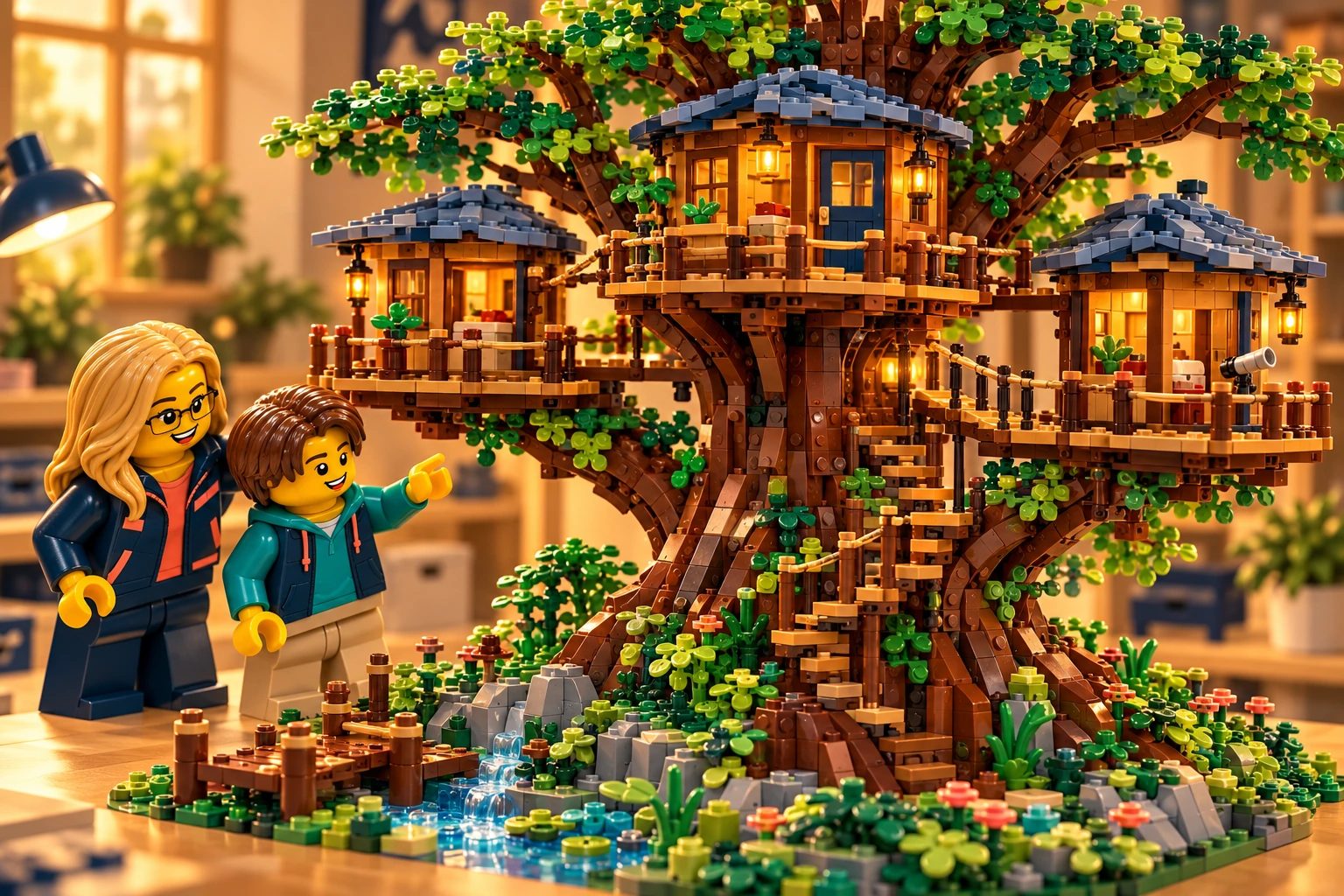 Illustration en briques : deux minifigurines découvrent trois cabanes reliées autour d’un grand arbre.
