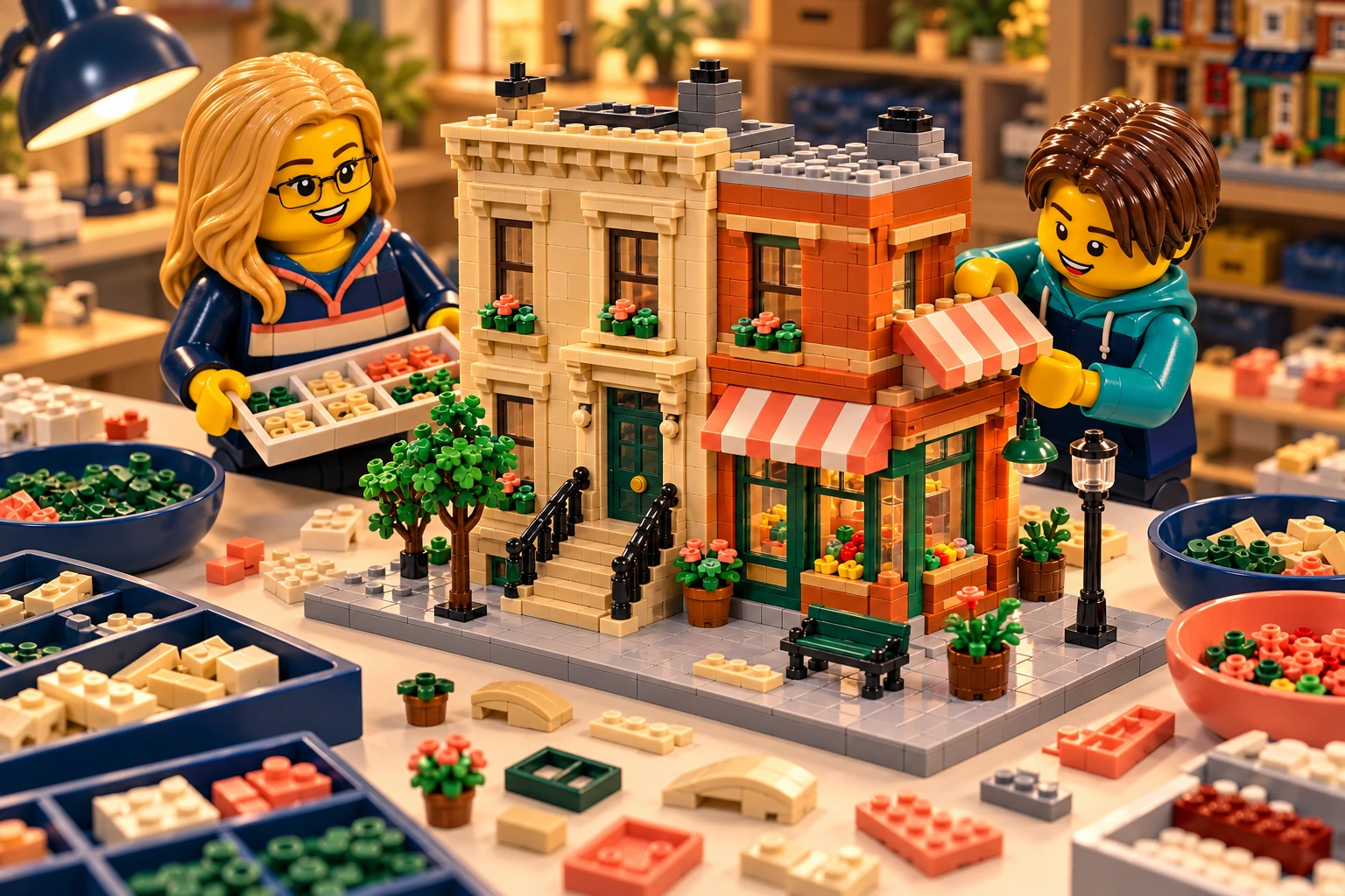 Illustration en briques : deux minifigurines assemblent une construction inspirée de 123 Sesame Street, avec des pièces triées sur une table.