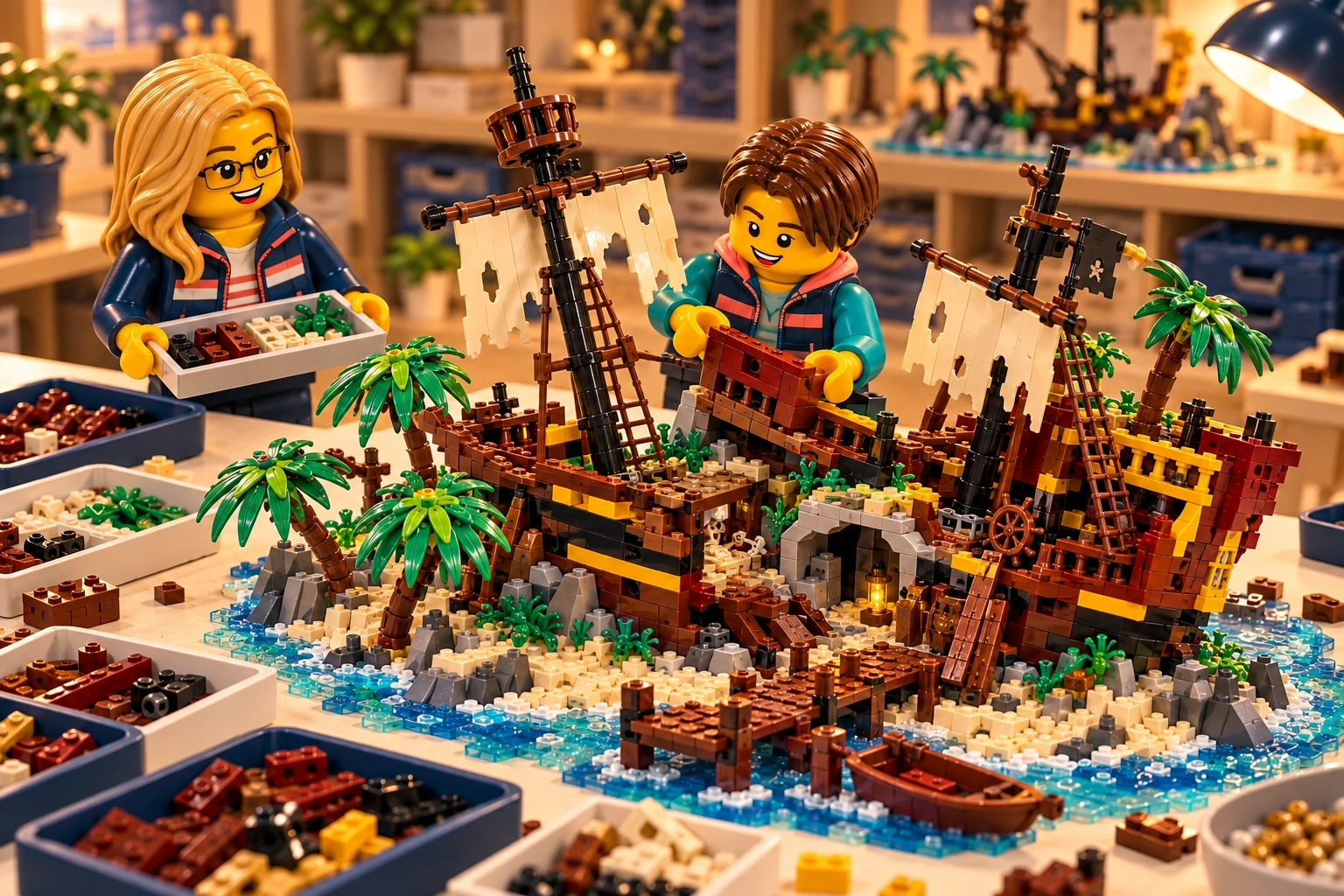 Illustration en briques : deux minifigurines assemblent une construction inspirée de Pirates de la baie de Barracuda, avec des pièces triées sur une table.