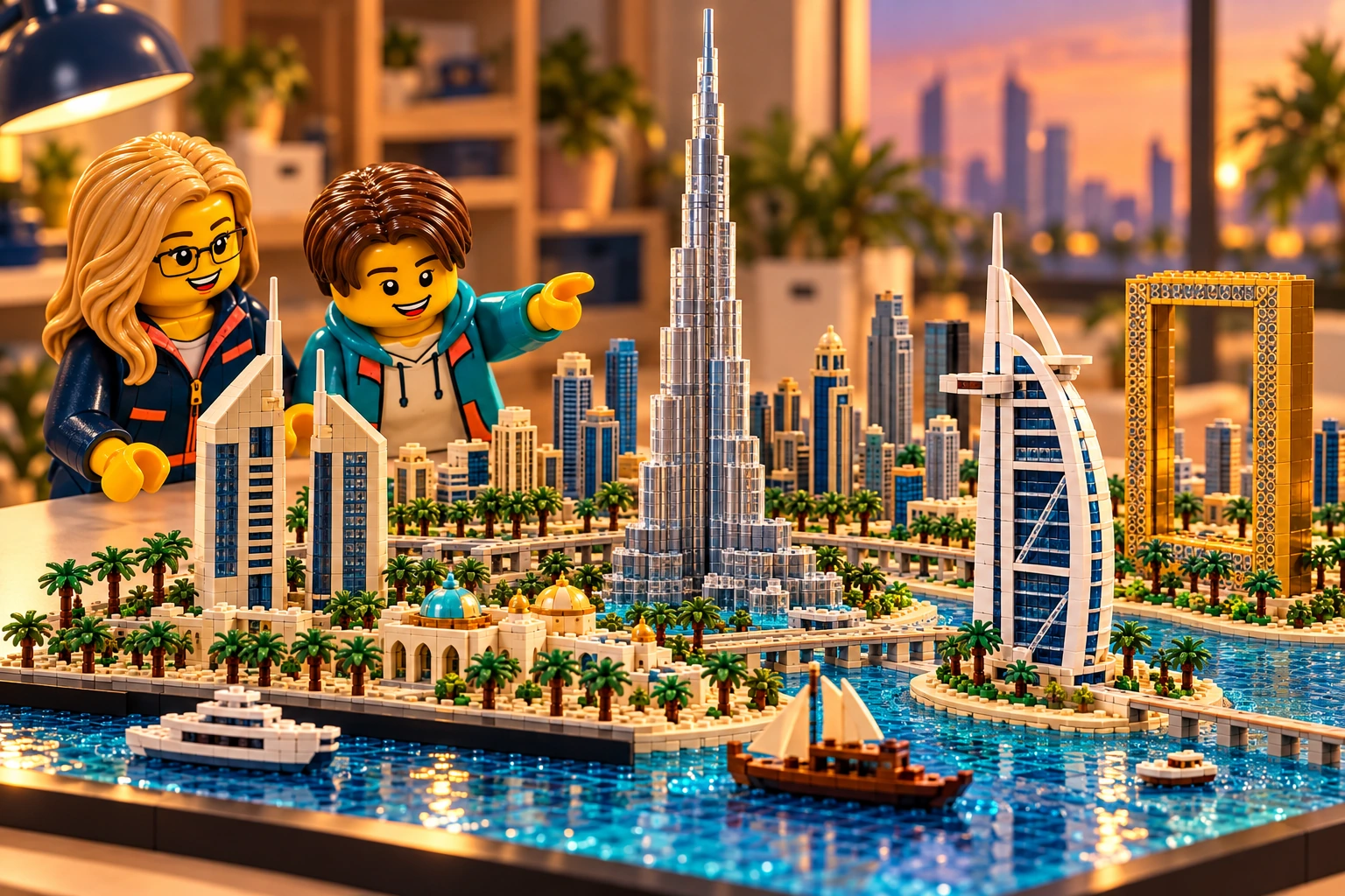 Illustration en briques : deux minifigurines découvrent un panorama miniature de Dubaï, avec sa tour effilée et son cadre doré.