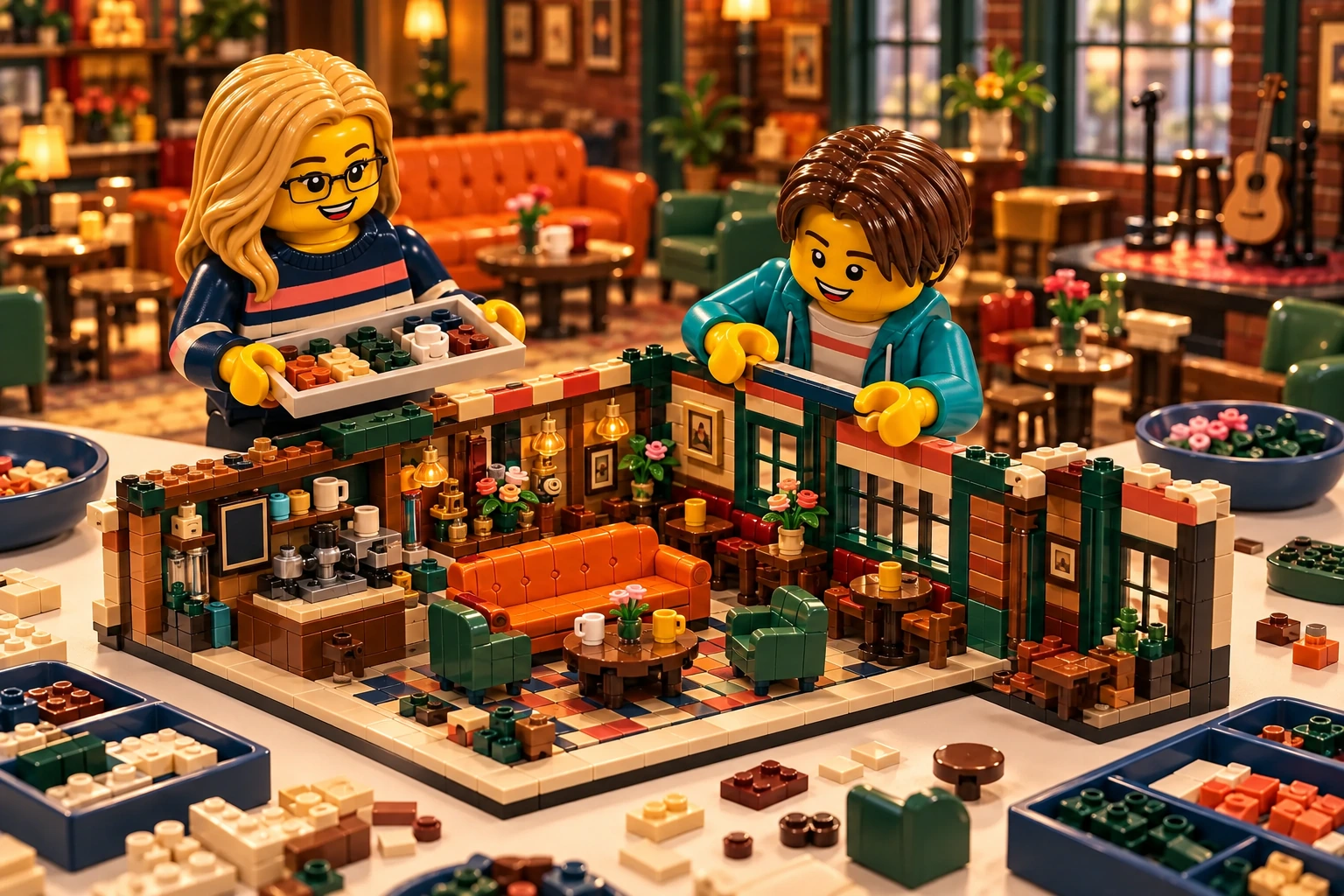 Illustration en briques : deux minifigurines assemblent une construction inspirée de Central Perk, avec des pièces triées sur une table.